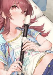 Rule 34 | 1girl, 92m, blue jacket, blush, brown eyes, brown hair, checkered clothes, checkered jacket, clothes lift, clothes writing, collarbone, commentary, denim, flute, hair between eyes, highres, holding, holding flute, holding instrument, idolmaster, idolmaster shiny colors, indoors, instrument, jacket, komiya kaho, long hair, looking at viewer, lying, multicolored clothes, multicolored jacket, navel, on back, pillow, recorder, shirt, shirt lift, short sleeves, shorts, sidelocks, solo, sweat, tongue, tongue out, upper body, white shirt