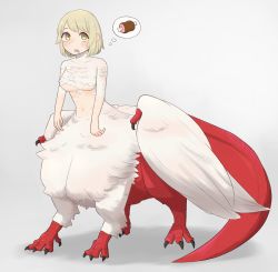 Rule 34 | 1girl, bare shoulders, blonde hair, blush, breasts, centauroid, chibi, chimera, claws, collarbone, commentary, covered navel, dragon tail, drooling, dungeon meshi, falin touden, falin touden (chimera), feathered wings, feathers, food, full body, highres, hungry, looking at viewer, meat, medium breasts, monster girl, navel, open mouth, shadow, short hair, sidelocks, simple background, smith.s, solo, spoilers, standing, stomach, tail, talons, taur, teeth, thought bubble, underboob, upper teeth only, white background, white feathers, wings, yellow eyes