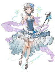 Rule 34 | 1girl, anastasia (idolmaster), blue dress, blue eyes, breasts, cleavage, dress, flower, full body, gloves, grey hair, hair flower, hair ornament, high heels, highres, holding, holding microphone stand, idolmaster, idolmaster cinderella girls, large breasts, looking at viewer, microphone, microphone stand, off-shoulder dress, off shoulder, open mouth, rum raisin (chihiromakita19), short hair, simple background, smile, solo, white background, white gloves