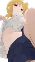 Rule 34 | 1girl, black skirt, blonde hair, bocchi the rock!, bra, breasts, closed mouth, highres, hiroki (yyqw7151), ijichi nijika, long hair, navel, open clothes, open shirt, red eyes, shirt, simple background, skirt, small breasts, solo, underwear, white background, white shirt
