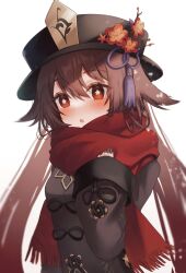 Rule 34 | 1girl, :o, black headwear, black nails, blush, breasts, bright pupils, brown coat, brown eyes, brown hair, coat, flower, flower-shaped pupils, genshin impact, hat, hat flower, hat tassel, highres, hu tao (genshin impact), long hair, long sleeves, looking at viewer, open mouth, porkpie hat, red scarf, scarf, sinonomemikann, sleeves past wrists, small breasts, symbol-shaped pupils, twintails, upper body, white pupils, wide sleeves