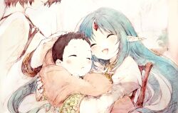 Rule 34 | 3girls, ^ ^, agulo, baby, blanket, blue hair, blush, blush stickers, chair, closed eyes, commentary, crook mofus, el mofus (black hair male), family, forehead jewel, highres, holding baby, kalar (race), long hair, mother and daughter, multiple girls, open mouth, pointy ears, rance (series), rance 10, reset kalar, siblings, sisters, sitting, sleeping, smile