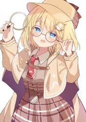 Rule 34 | 1girl, :d, absurdres, arms up, blonde hair, blue eyes, blush, bob cut, brown capelet, brown coat, brown hat, brown skirt, capelet, clock, coat, collared shirt, commentary, deerstalker, detective, glasses, hair ornament, hat, high-waist skirt, highres, holding, holding magnifying glass, holding removed eyewear, hololive, hololive english, light blush, looking at viewer, magnifying glass, monocle, necktie, open mouth, plaid, plaid skirt, pocket watch, red necktie, round eyewear, shirt, short hair, short necktie, simple background, skirt, smile, solo, translated, unworn eyewear, virtual youtuber, watch, watson amelia, white background, white shirt, yomiya yumeha