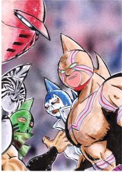 Rule 34 | 5boys, armlet, armor, artist request, ashuraman, biceps, blank eyes, grin, helmet, kinniku ataru, kinnikuman, kinnikuman big body, kinnikuman mariposa, kinnikuman soldier, kinnikuman super phoenix, kinnikuman zebra, large pectorals, looking at viewer, looking to the side, manly, mask, military, military uniform, multiple boys, muscular, pectorals, serious, simple background, smile, uniform, wrestling, wrestling mask, wrestling outfit