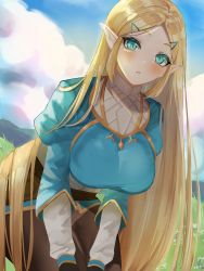 Rule 34 | 1girl, aqua eyes, bent over, blonde hair, blush, breasts, cloud, cloudy sky, commentary, hair ornament, hairclip, highres, large breasts, long hair, nintendo, pants, parted bangs, parted lips, pointy ears, princess zelda, puffy sleeves, sennei, shirt, sky, solo, taut clothes, taut shirt, the legend of zelda, the legend of zelda: breath of the wild, very long hair