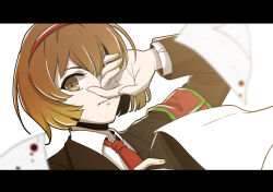 Rule 34 | 1girl, armband, black jacket, brown eyes, brown hair, clipboard, closed mouth, collared shirt, commentary request, hand over eye, highres, holding, holding clipboard, jacket, lobotomy corporation, long sleeves, malkuth (project moon), necktie, project moon, red armband, red necktie, sakuya 996, shirt, short hair, solo, white shirt, yellow nails