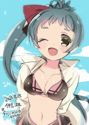 Rule 34 | 1girl, ;d, arms behind back, bikini, blue hair, blush, breasts, brown eyes, character name, cleavage, dated, fujii rino, green hair, hair ribbon, irako (kancolle), jacket, kantai collection, large breasts, long hair, looking at viewer, medium breasts, navel, one-hour drawing challenge, one eye closed, open mouth, ponytail, red ribbon, ribbon, smile, solo, swimsuit, twitter username, very long hair, white jacket