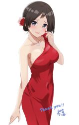 Rule 34 | 1girl, bare arms, blush, breasts, calem (pokemon), cleavage, closed mouth, collarbone, commentary, creatures (company), dars (recolors), dress, eyelashes, flower, game freak, genderswap, genderswap (mtf), grey eyes, hair flower, hair ornament, hand up, head tilt, jewelry, looking at viewer, necklace, nintendo, pink nails, pokemon, pokemon xy, red dress, red flower, short hair, simple background, single strap, smile, solo, thank you, white background