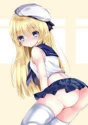 Rule 34 | 1girl, ass, bad id, bad pixiv id, bare shoulders, beret, blonde hair, blue eyes, blue sailor collar, blue skirt, blush, closed mouth, commentary request, hair between eyes, hat, long hair, looking at viewer, looking to the side, midriff, miniskirt, nanase nao, no panties, original, pleated skirt, sailor collar, school uniform, serafuku, shirt, skirt, sleeveless, sleeveless shirt, solo, thighhighs, very long hair, white hat, white shirt, white thighhighs