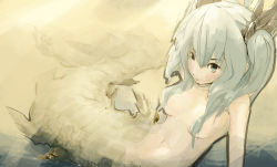 Rule 34 | 1girl, bad id, bad pixiv id, camouflage, completely nude, grey eyes, hair censor, hair ornament, hair over breasts, lifemeat, looking at viewer, mermaid, monster girl, nude, original, sand, silver hair, solo, tan background, twintails