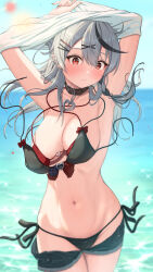 Rule 34 | 1girl, arms up, bikini, black bikini, blue sky, bowsan, breasts, closed mouth, clothes lift, floating hair, grey hair, hair ornament, highres, hololive, large breasts, lifted by self, long hair, looking down, multicolored hair, navel, red eyes, sakamata chloe, shirt lift, sky, solo, stomach, streaked hair, swimsuit, untied bikini, virtual youtuber, wardrobe malfunction, wet, x hair ornament