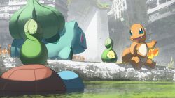 Rule 34 | absurdres, aqua eyes, asteroid ill, budew, building, bulbasaur, charmander, commentary request, creatures (company), day, fangs, fire, fire, flame-tipped tail, game freak, gen 1 pokemon, gen 3 pokemon, gen 4 pokemon, grass, highres, huge filesize, krabby, legendary pokemon, nintendo, no humans, open mouth, outdoors, pokemon, pokemon (creature), rayquaza, ruins, smile, squirtle, tongue, water