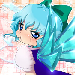 Rule 34 | 1girl, :&gt;, bad id, bad pixiv id, blue eyes, blue hair, bow, cirno, female focus, hair bow, matching hair/eyes, shoot the bullet, short hair, solo, tears, touhou, wings, youkyou