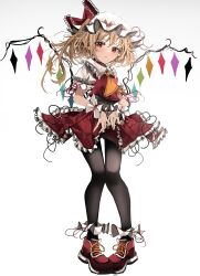 Rule 34 | 1girl, absurdres, ascot, black pantyhose, blonde hair, blush, closed mouth, collared shirt, commentary request, crystal, flandre scarlet, frilled shirt collar, frilled sleeves, frills, full body, hat, highres, long hair, looking at viewer, mob cap, ougiikun, pantyhose, pointy ears, puffy short sleeves, puffy sleeves, red eyes, red footwear, red skirt, red vest, shirt, shoes, short sleeves, simple background, skirt, solo, touhou, vest, white background, white hat, white shirt, wings, wrist cuffs, yellow ascot