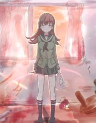 Rule 34 | 10s, 1girl, absurdres, akbskenmb48-40, blood, boxcutter, brown hair, curtains, cuts, empty eyes, failure penguin, highres, injury, jitome, kantai collection, long hair, looking at viewer, no shoes, ooi (kancolle), room, school uniform, serafuku, skirt, socks, window, yandere