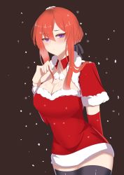 Rule 34 | 1girl, absurdres, azur lane, blush, bow, breasts, brown background, cleavage, hair bow, hair ornament, highres, large breasts, long hair, looking at viewer, monarch (azur lane), purple eyes, red hair, santa costume, solo, standing, tastysalt, winter