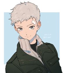 Rule 34 | 1boy, alternate costume, bandaid, bandaid on face, bandaid on forehead, black jacket, black undershirt, blush, border, closed mouth, dated, ear blush, grey eyes, grey hair, highres, jacket, lcs 0209, looking at viewer, male focus, outside border, persona, persona 3, persona 3 reload, sanada akihiko, short hair, smile, solo, sweater, turtleneck, turtleneck sweater, twitter username, upper body, very short hair, white border, zipper