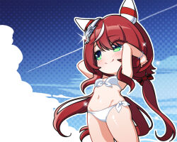 Rule 34 | 1girl, animal ears, bikini, blue sky, blush, bow, bracelet, breasts, chibi, closed mouth, cloud, day, ear covers, front-tie bikini top, front-tie top, green eyes, hair between eyes, hair bow, hair ornament, horse ears, horse girl, horse tail, jewelry, long hair, looking to the side, low twintails, multicolored hair, navel, no nose, outdoors, red bow, red hair, side-tie bikini bottom, sky, small breasts, solo, sparkle, streaked hair, swimsuit, tail, thighs, twintails, umamusume, warashi, white bikini, win variation (umamusume)