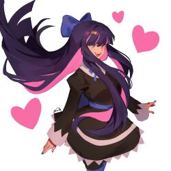 Rule 34 | 1girl, absurdres, black dress, blue nails, blunt bangs, bow, colored inner hair, commentary, dress, floating hair, green eyes, hair bow, heart, highres, long hair, long sleeves, mararu, multicolored hair, open mouth, panty &amp; stocking with garterbelt, pink hair, pink heart, purple hair, signature, smile, socks, solo, stocking (psg), striped clothes, striped socks, teeth, two-tone hair, upper teeth only, white background