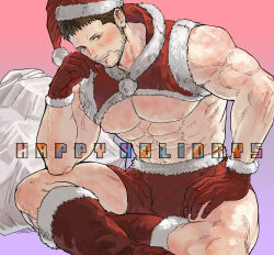Rule 34 | 1boy, abs, bara, bare pectorals, black hair, boots, chris redfield, closed mouth, english text, facial hair, gloves, happy holidays, hat, highres, kuconoms, large pectorals, looking at viewer, male focus, muscular, muscular male, navel, nipples, pectorals, red gloves, red shorts, resident evil, resident evil 5, santa hat, short hair, shorts, sitting, solo