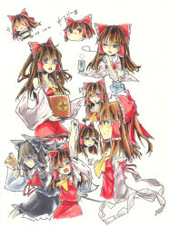 Rule 34 | 1girl, = =, alternate color, asawa ei, black hair, bow, breath, detached sleeves, disembodied head, expressions, female focus, fume, hair bow, hair tubes, hakurei reimu, highres, long hair, looking at viewer, multiple persona, ofuda, open mouth, red eyes, smile, solo, touhou, upper body, white background, yukkuri shiteitte ne