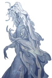 Rule 34 | absurdres, alien, bloodborne, blue skin, closed eyes, closed mouth, colored skin, facing to the side, from side, highres, kos (bloodborne), long hair, monster, slug x x, smile, tentacle hair, white skin