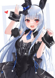 Rule 34 | 1girl, :d, animal ears, arm up, black collar, black dress, black hairband, black headwear, black sleeves, blue hair, blue necktie, blush, collar, commentary request, detached collar, detached sleeves, dress, fake animal ears, grey background, hairband, hand up, hat, heart, highres, hololive, long hair, looking at viewer, mini hat, mini top hat, necktie, open mouth, puffy short sleeves, puffy sleeves, rabbit ears, red eyes, short eyebrows, short necktie, short sleeves, sleeveless, sleeveless dress, smile, solo, swon (joy200892), thick eyebrows, tilted headwear, top hat, two-tone background, usada pekora, usada pekora (furi furi bunny dress), very long hair, virtual youtuber, white background, wrist cuffs
