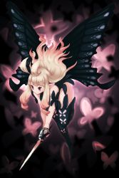 Rule 34 | 1girl, absurdres, anne (bravely second), antenna hair, bare shoulders, black thighhighs, black wings, bravely default (series), bravely second: end layer, bug, butterfly, butterfly wings, closed mouth, floating hair, flying, highres, holding, holding sword, holding weapon, insect, insect wings, long hair, okame nin, pointy ears, purple eyes, rapier, smile, solo, spread wings, sword, thighhighs, weapon, white hair, wings