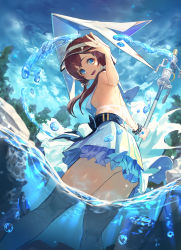 Rule 34 | 1girl, absurdres, arknights, bannouyakunta, blue eyes, blue sky, bow, brown hair, commentary request, dress, dutch angle, feet out of frame, frilled dress, frills, headgear, highres, holding, holding staff, huge filesize, looking at viewer, open mouth, outdoors, purestream (arknights), sky, solo, staff, twintails, visor cap, wading, water, white bow, white dress