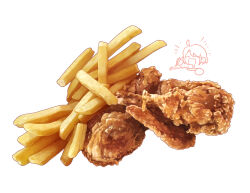 Rule 34 | chicken (food), emufaasu, food, food focus, french fries, fried chicken, highres, no humans, original, realistic, signature, simple background, still life, white background