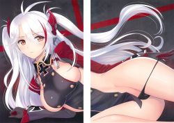 Rule 34 | 1girl, absurdres, antenna hair, arm support, azur lane, black panties, breasts, cameltoe, cleft of venus, cross, gloves, hair between eyes, hair ornament, highres, iron cross, large breasts, long hair, looking at viewer, multicolored hair, panties, panty pull, parted lips, prinz eugen (azur lane), pulled by self, red hair, removing panties, scan, shiny skin, silver hair, solo, stitched, streaked hair, third-party edit, tony taka, two side up, underwear, very long hair