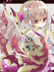 Rule 34 | 1girl, adapted costume, braid, commentary, feathered wings, french braid, frilled sleeves, frills, grey hair, grey kimono, highres, japanese clothes, kimono, kishin sagume, long sleeves, looking at viewer, nikorashi-ka, one-hour drawing challenge, purple eyes, purple ribbon, purple skirt, ribbon, shawl, short hair, skirt, solo, touhou, upper body, white wings, wide sleeves, wings