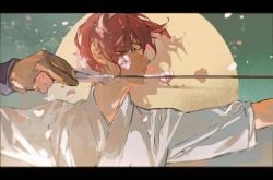Rule 34 | 1boy, archery, bow (weapon), closed mouth, drop shadow, ensemble stars!, floating hair, flower, from side, full moon, gloves, highres, holding, holding bow (weapon), holding weapon, japanese clothes, kyuudou, letterboxed, looking away, male focus, moon, outstretched arm, partially fingerless gloves, partly fingerless gloves, petals, pink flower, portrait, profile, purple eyes, red hair, short hair, short sleeves, shuyu08382645, single glove, solo, suou tsukasa, upper body, weapon, wind, yugake