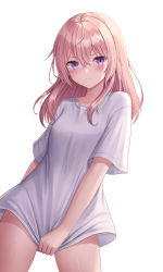 Rule 34 | 1girl, borrowed clothes, breasts, closed mouth, covering crotch, covering privates, crossed bangs, embarrassed, female focus, hair between eyes, highres, inui sajuna, looking at viewer, medium hair, naked shirt, pink hair, purple eyes, seungju lee, shirt, shirt tug, short sleeves, simple background, small breasts, solo, sono bisque doll wa koi wo suru, t-shirt, thighs, wavy mouth, white background, white shirt
