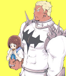 Rule 34 | 1boy, 1girl, bara, blush, blush stickers, bodysuit, c69, carrying, carrying person, covered abs, dark-skinned male, dark skin, earrings, eating, embarrassed, from side, gamagoori ira, hair slicked back, jewelry, kill la kill, large hands, large pectorals, long sideburns, mankanshoku mako, mature male, muscular, muscular male, pectorals, short hair, shoulder spikes, sideburns, size difference, spikes, thick eyebrows, white bodysuit