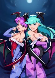 Rule 34 | 2girls, akanbe, alternate breast size, animal print, ass-to-ass, back-to-back, bare shoulders, bat print, bat wings, black leotard, blue pantyhose, breasts, breasts out, bridal gauntlets, capcom, crossed arms, demon girl, eyelid pull, eyeshadow, full moon, green hair, head wings, highleg, highleg leotard, hime cut, large breasts, leotard, lilith aensland, lips, long hair, looking at viewer, low wings, makeup, moon, morrigan aensland, multiple girls, night, night sky, nipples, no bra, optionaltypo, pantyhose, print legwear, purple hair, purple legwear, red leotard, sky, small breasts, smile, strapless, strapless leotard, tongue, tongue out, vampire (game), wings