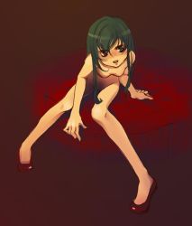 Rule 34 | 1girl, ballet slippers, black hair, breasts, full body, gradient background, green hair, leaning forward, long hair, looking at viewer, nude, original, red background, red eyes, red footwear, shaded face, shoes, simple background, small breasts, solo, torazou