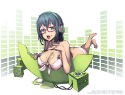 Rule 34 | 1girl, ass, bad id, bad pixiv id, barefoot, bikini, black hair, blue eyes, breasts, butt crack, cleavage, food, fruit, glasses, headphones, large breasts, looking at viewer, melon, melon-chan, newey, open mouth, original, pink bikini, short hair, solo, swimsuit