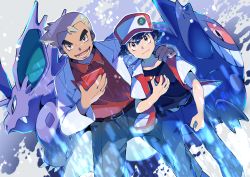 Rule 34 | 2boys, absurdres, baseball cap, belt, black hair, commentary request, creatures (company), game freak, gen 1 pokemon, gengar, hand on another&#039;s shoulder, hat, highres, holding, holding poke ball, holding pokedex, lab coat, looking at viewer, making-of available, multiple boys, nidorino, nintendo, open mouth, pants, poke ball, poke ball (basic), pokedex, pokemon, pokemon (creature), pokemon rgby, pon yui, red (pokemon), samuel oak, smile, teeth, tongue