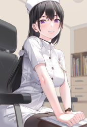 Rule 34 | 1girl, :d, black choker, black hair, black pantyhose, blurry, blurry background, blush, breasts, chair, choker, collared shirt, commentary request, eyebrows, hair ornament, hair scrunchie, hat, highres, id card, indoors, kfr, large breasts, long hair, looking at viewer, notepad, nurse, nurse cap, office, open mouth, original, pantyhose, purple eyes, scrunchie, shirt, short sleeves, sitting, smile, solo, teeth, very long hair, watch, white scrunchie, wristwatch