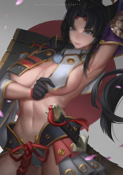 Rule 34 | 1girl, arm up, armor, armpits, asymmetrical sleeves, black hair, blue eyes, breast curtains, breasts, detached sleeves, fate/grand order, fate (series), forehead, gloves, highres, japanese armor, kusazuri, large breasts, long hair, looking at viewer, mismatched sleeves, navel, panties, parted bangs, parted lips, petals, pom pom (clothes), revealing clothes, sheath, side ponytail, single glove, smile, solo, sword, underwear, unfairr, ushiwakamaru (fate), very long hair, weapon
