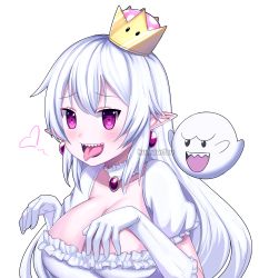 Rule 34 | 1girl, absurdres, blush, boo (mario), breasts, cleavage, crown, dress, earrings, elbow gloves, gloves, hands up, heart, highres, jewelry, kumaartsu, large breasts, long hair, looking at viewer, luigi&#039;s mansion, mario (series), new super mario bros. u deluxe, nintendo, open mouth, pointy ears, princess king boo, puffy short sleeves, puffy sleeves, purple eyes, sharp teeth, short sleeves, solo, super crown, teeth, tongue, tongue out, upper body, watermark, white background, white dress, white hair