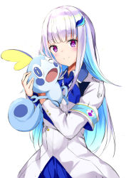 Rule 34 | 1girl, armband, blue hair, blue neckerchief, blush, closed mouth, collared dress, commentary request, creatures (company), crossover, dress, game freak, gen 8 pokemon, hair ornament, hug, lize helesta, long hair, long sleeves, looking at viewer, multicolored hair, neckerchief, nijisanji, nintendo, pokemon, pokemon (creature), pokemon swsh, purple eyes, silver hair, simple background, smile, sobble, two-tone hair, very long hair, virtual youtuber, white background, white dress, yukishiro arte