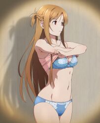 Rule 34 | 1girl, ass, asuna (sao), blue bra, blue panties, bra, braid, breasts, brown eyes, brown hair, camisole, closed mouth, clothes lift, collarbone, crown braid, female focus, french braid, lifted by self, long hair, medium breasts, navel, panties, pink camisole, pov peephole, puge, shadow, shirt lift, short ponytail, simple background, solo, standing, sword art online, underwear, undressing