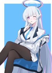 Rule 34 | 1girl, absurdres, black pantyhose, blue archive, blue background, blue necktie, border, breasts, collared shirt, commentary, crossed legs, feet out of frame, grey hair, halo, hand up, highres, index finger raised, invisible chair, jacket, large breasts, long hair, long sleeves, looking at viewer, mechanical halo, miuna (498475051), necktie, noa (blue archive), off shoulder, one eye closed, open clothes, open jacket, pantyhose, pleated skirt, purple eyes, shirt, simple background, sitting, skirt, solo, tongue, tongue out, very long hair, vest, white border, white jacket, white shirt, white skirt, white vest