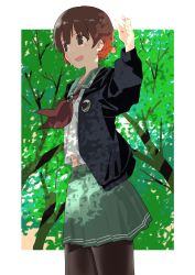 Rule 34 | 1girl, absurdres, black jacket, black pantyhose, brown hair, commentary request, cowboy shot, crescent, crescent pin, dappled sunlight, gradient hair, green sailor collar, green skirt, haida katsuretsu, highres, jacket, kantai collection, multicolored hair, mutsuki (kancolle), mutsuki kai ni (kancolle), neckerchief, pantyhose, pleated skirt, red hair, red neckerchief, sailor collar, school uniform, serafuku, short hair, skirt, solo, standing, sunlight, tree