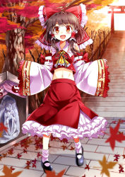 Rule 34 | 1girl, :d, blush, bobby socks, bow, brown hair, detached sleeves, e.o., frilled shirt collar, hair bow, hair tubes, hakurei reimu, highres, large bow, long skirt, mary janes, midriff, navel, open mouth, red eyes, shoes, skirt, smile, socks, solo, torii, touhou, yin yang