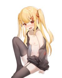Rule 34 | 1girl, astralisup, black choker, black jacket, black thighhighs, blonde hair, blush, breasts, choker, fang, garter straps, hair ornament, hair ribbon, highres, jacket, knee up, letter hair ornament, long hair, looking at viewer, miyayoki, naked jacket, navel, nipples, off shoulder, open clothes, open jacket, open mouth, red eyes, red ribbon, ribbon, simple background, sitting, skin fang, small breasts, solo, thighhighs, twintails, virtopia club, white background