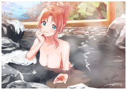 Rule 34 | 1girl, absurdres, akane (getwild23), aqua eyes, autumn, autumn leaves, bathhouse, breasts, brown hair, commentary request, highres, large breasts, leaf, looking at viewer, maple leaf, nude, onsen, original, partially submerged, short hair, sidelocks, solo, steam, towel, water, wet