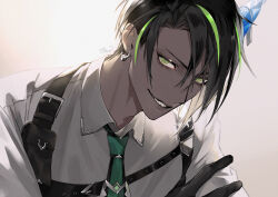 Rule 34 | 1boy, aragami oga, black gloves, black hair, collared shirt, curtained hair, dark-skinned male, dark skin, earrings, gloves, green eyes, green hair, green necktie, grin, harness, highres, holostars, horn ornament, horns, ice horns, jewelry, looking at viewer, male focus, moneko, multicolored hair, necktie, official alternate costume, pouch, sharp teeth, shirt, short hair, signature, single horn, smile, solo, streaked hair, teeth, upper body, virtual youtuber, white background, white shirt